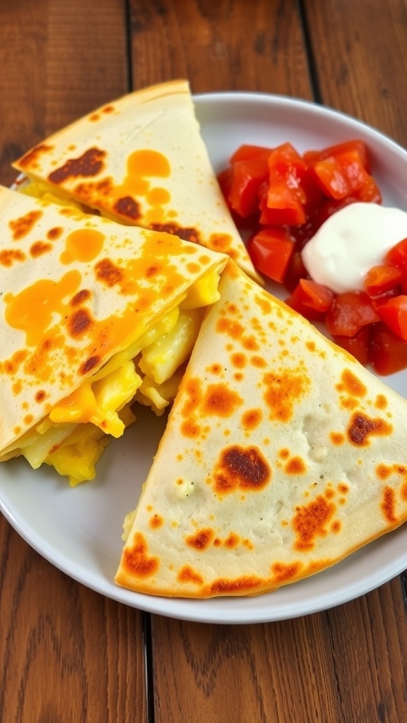 Cheesy egg quesadilla cut into wedges, served with salsa and sour cream on a rustic table.